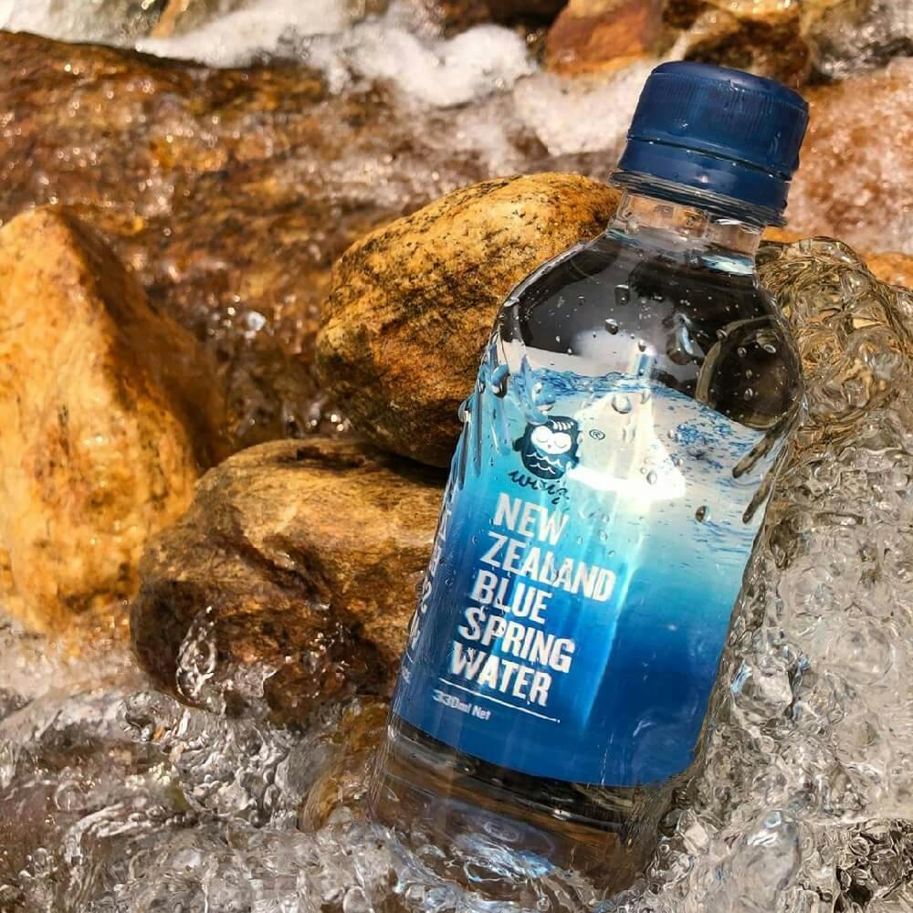 A bottle of Waiz New Zealand Blue Spring Water on a rock by the river